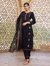 Black Silk Blend Solid Embroidered Straight Kurta Trouser With Dupatta