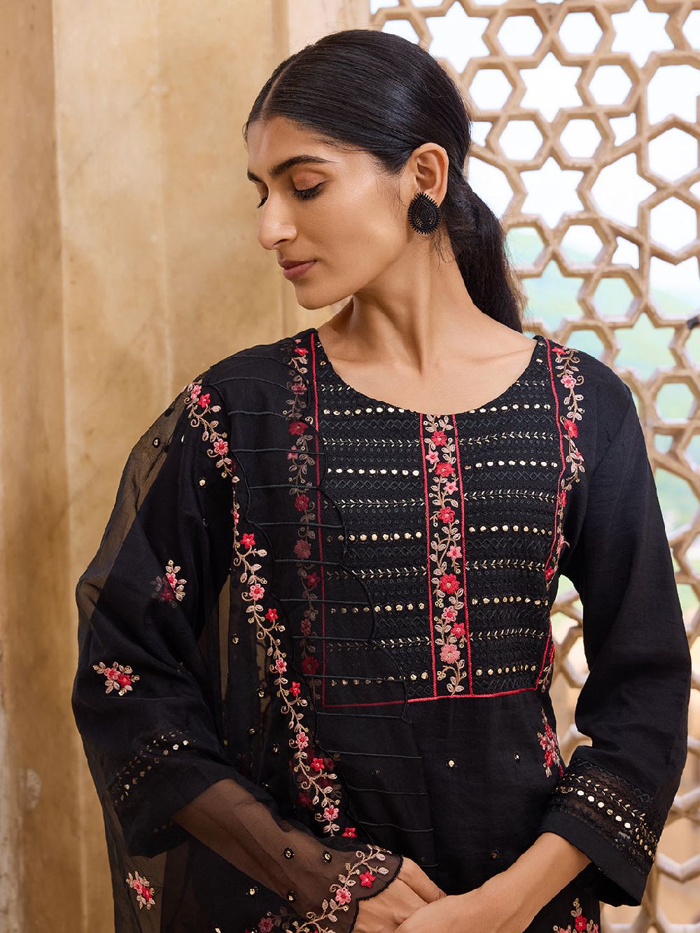 Black Silk Blend Solid Embroidered Straight Kurti Pant With Dupatta