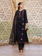 Black Silk Blend Solid Embroidered Straight Kurta Trouser With Dupatta