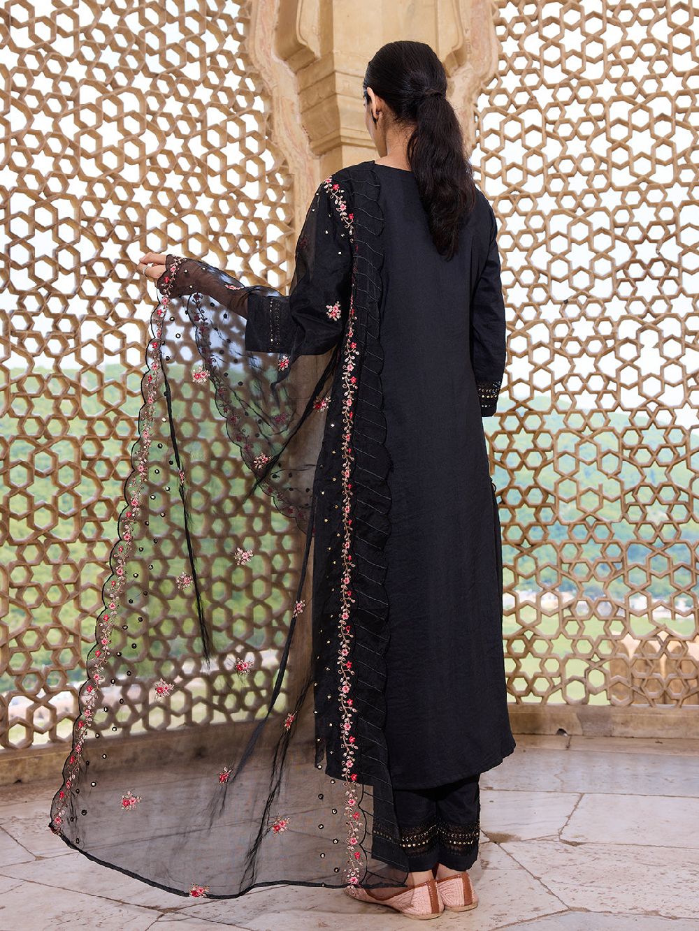 Black Silk Blend Solid Embroidered Straight Kurti Pant With Dupatta