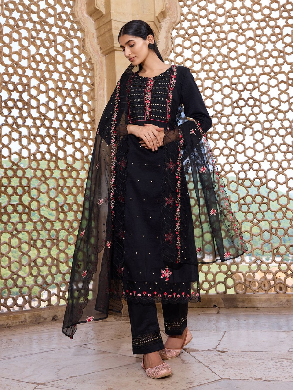 Black Silk Blend Solid Embroidered Straight Kurta Trouser With Dupatta