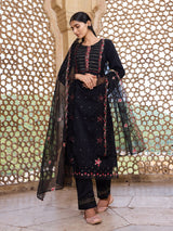 Black Silk Blend Solid Embroidered Straight Kurti Pant With Dupatta