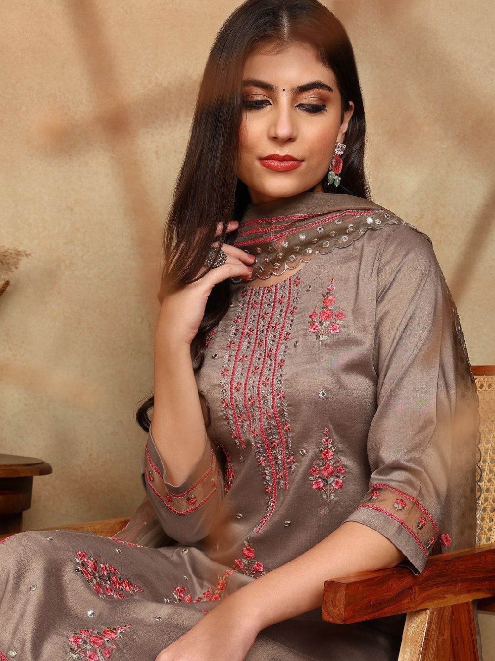 Brown Silk Blend Solid Embroidered Straight Kurta Trouser With Dupatta