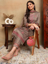 Brown Silk Blend Solid Embroidered Straight Kurta Trouser With Dupatta