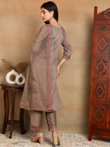 Brown Silk Blend Solid Embroidered Straight Kurta Trouser With Dupatta