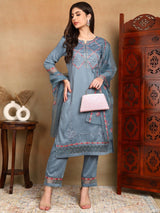 Blue Silk Blend Solid Embroidered Straight Kurta Trouser With Dupatta