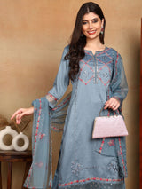 Blue Silk Blend Solid Embroidered Straight Kurta Trouser With Dupatta