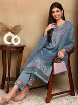 Blue Silk Blend Solid Embroidered Straight Kurti Pant With Dupatta