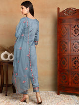 Blue Silk Blend Solid Embroidered Straight Kurta Trouser With Dupatta