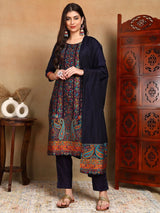 Navy Blue Chanderi Woven Design Straight Kurta Trouser With Dupatta