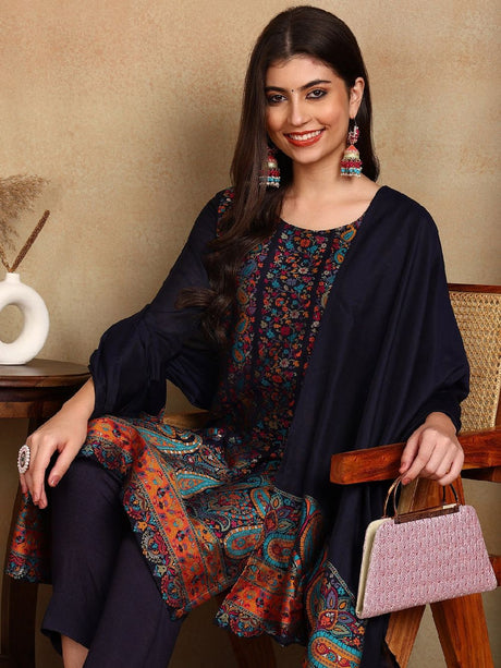 Navy Blue Chanderi Woven Design Straight Kurta Trouser With Dupatta