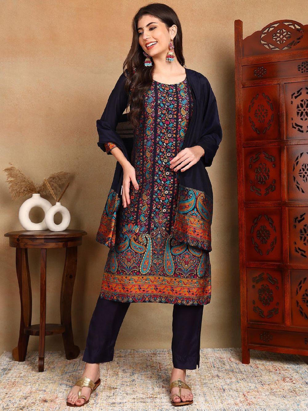 Navy Blue Chanderi Woven Design Straight Kurta Trouser With Dupatta