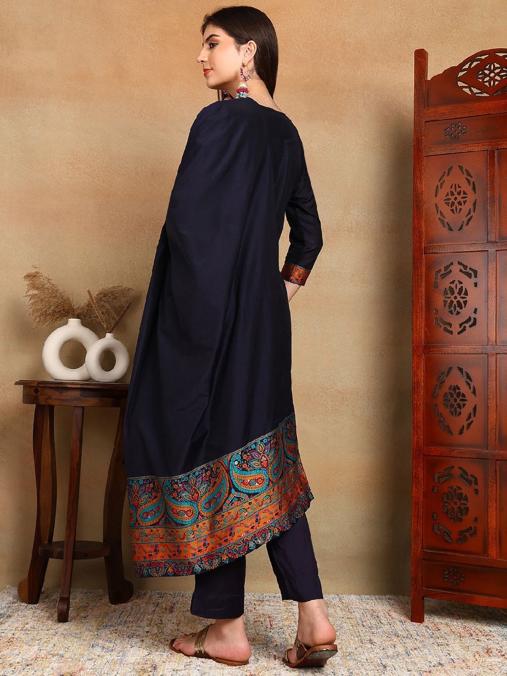 Navy Blue Chanderi Woven Design Straight Kurta Trouser With Dupatta