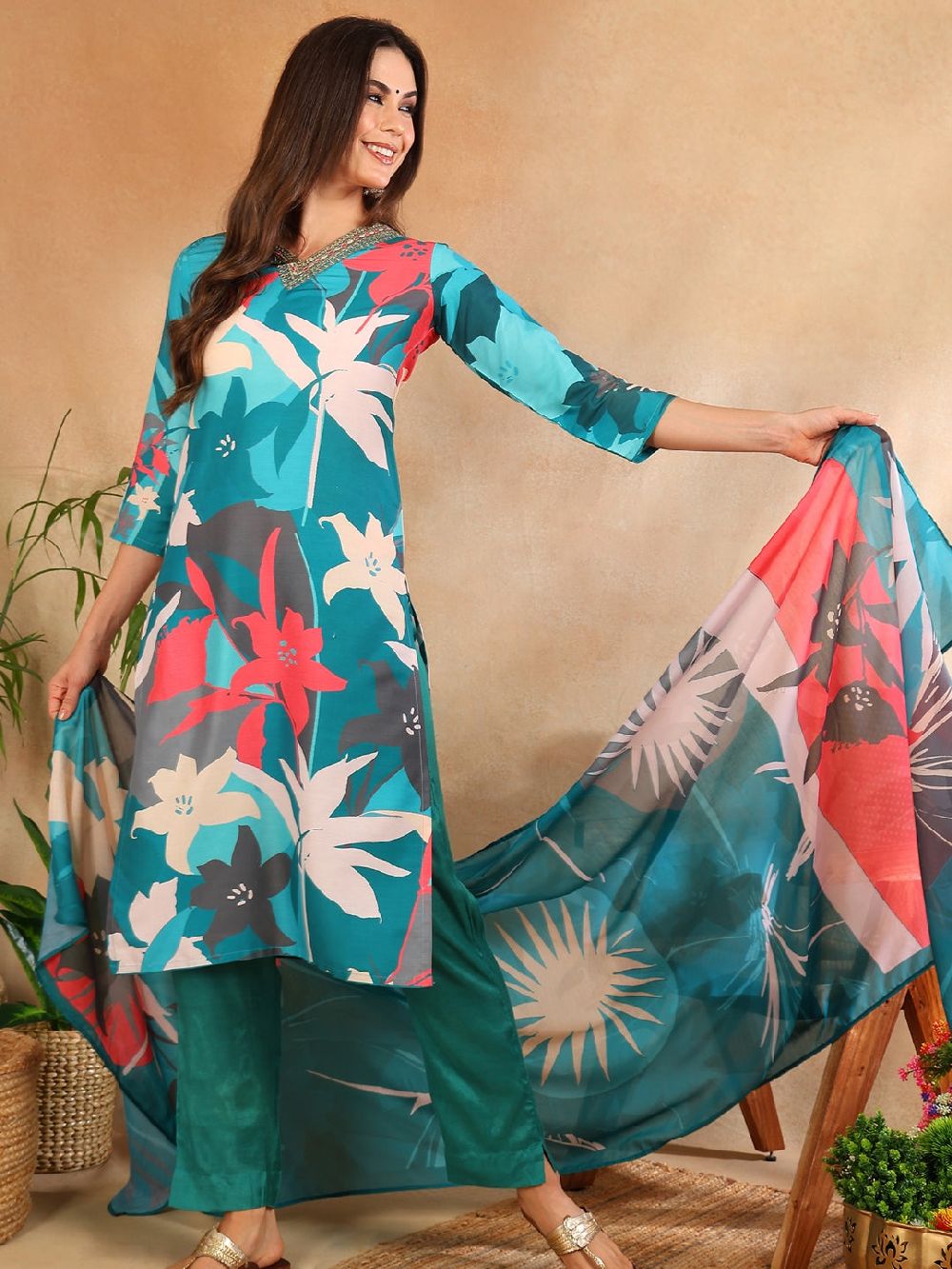 Teal Silk Blend Floral Printed Straight Kurta Trouser With Dupatta