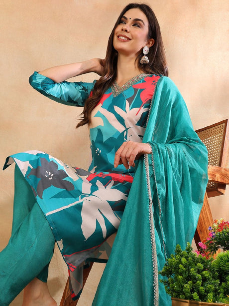 Teal Silk Blend Floral Printed Straight Kurta Trouser With Dupatta