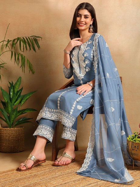 Blue Organza Solid Embroidered Straight Kurta Trousers With Dupatta