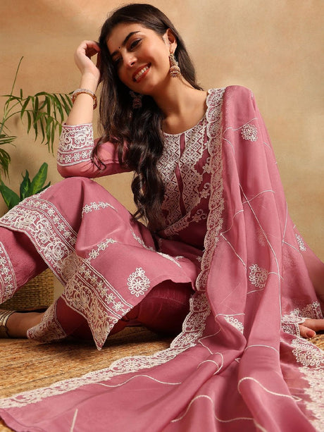 Pink Organza Solid Embroidered Straight Kurta Trousers With Dupatta