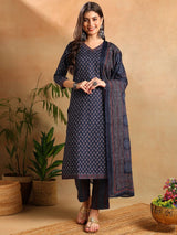 Navy Blue Poly Rayon Ajrakh Printed Straight Kurta Trousers With Dupatta