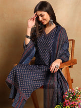 Navy Blue Poly Rayon Ajrakh Printed Straight Kurti Pants With Dupatta