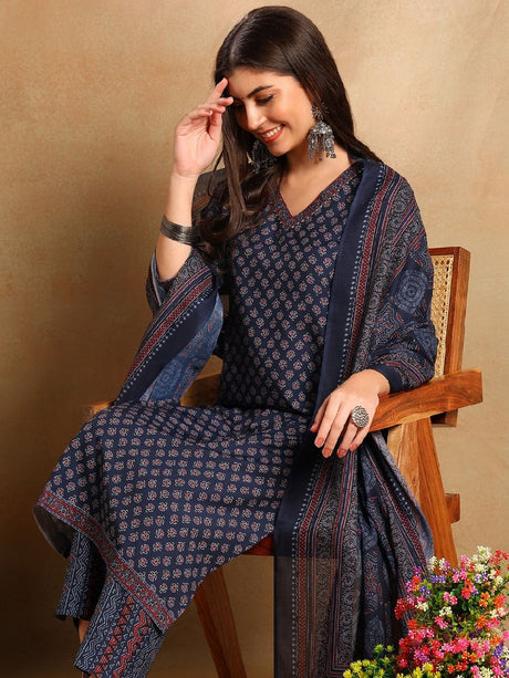 Navy Blue Poly Rayon Ajrakh Printed Straight Kurti Pants With Dupatta