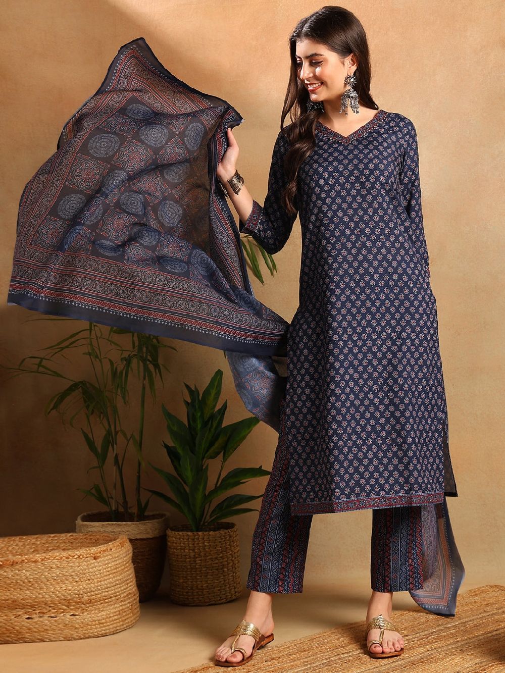 Navy Blue Poly Rayon Ajrakh Printed Straight Kurti Pants With Dupatta