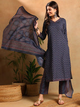 Navy Blue Poly Rayon Ajrakh Printed Straight Kurta Trousers With Dupatta