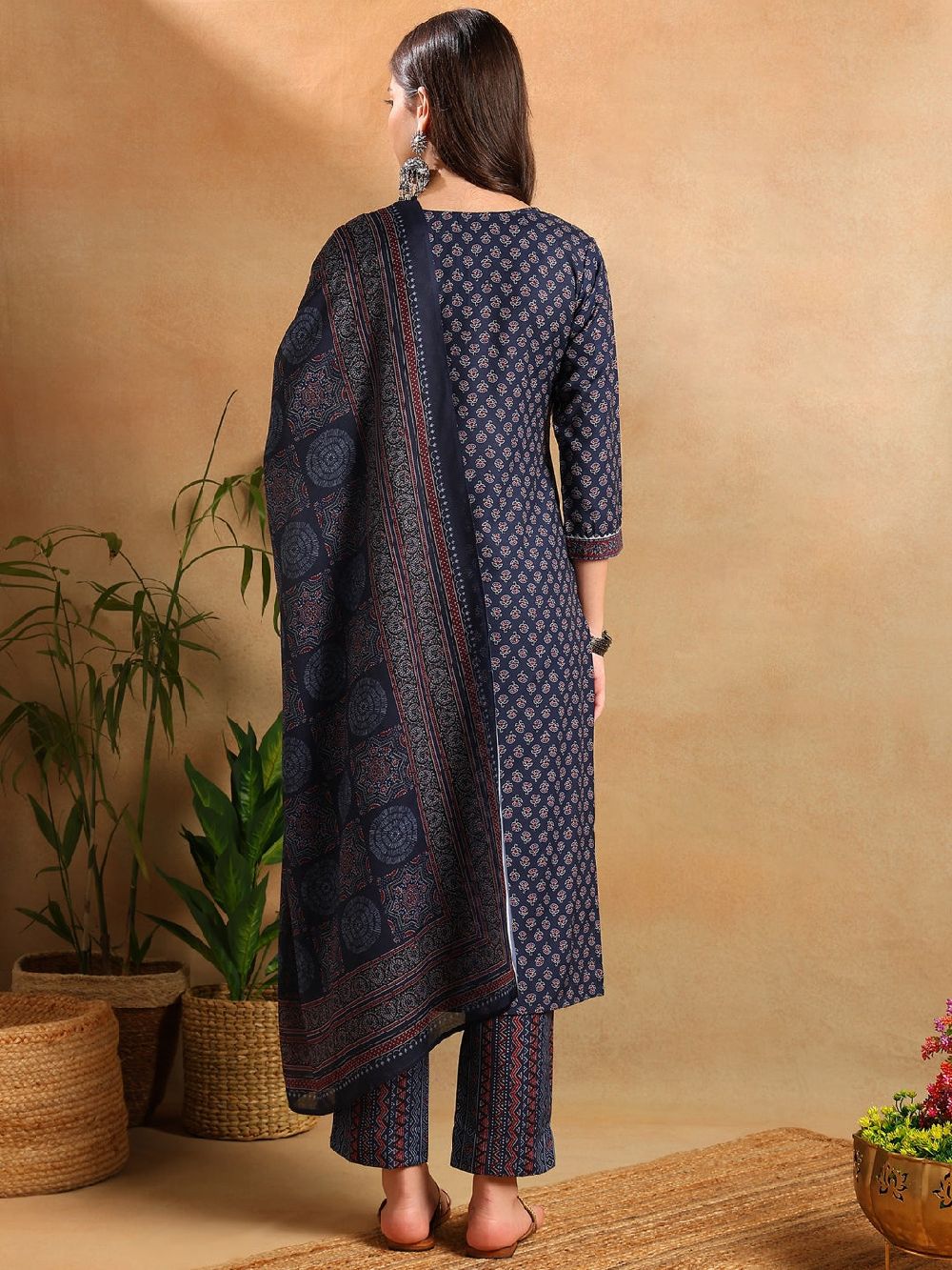 Navy Blue Poly Rayon Ajrakh Printed Straight Kurti Pants With Dupatta