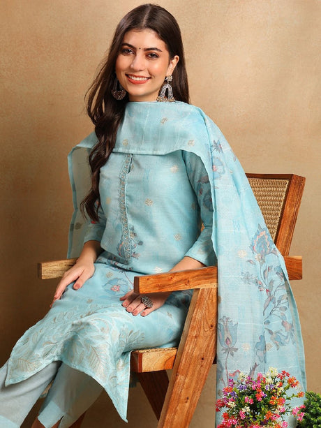 Blue Linen Blend Floral Woven Design Straight Kurta Trousers With Dupatta