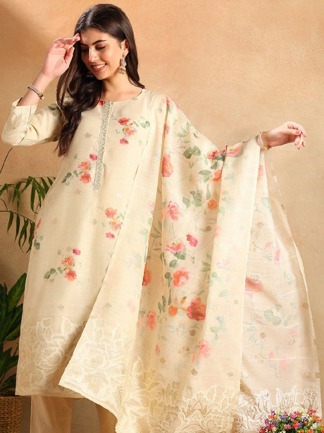 Cream Linen Blend Floral Woven Design Straight Kurta Trousers With Dupatta