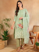 Green Linen Blend Floral Woven Design Straight Kurta Trouser With Dupatta