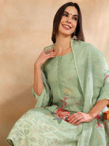 Green Linen Blend Floral Woven Design Straight Kurta Trouser With Dupatta