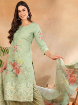 Green Linen Blend Floral Woven Design Straight Kurta Trouser With Dupatta