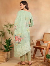 Green Linen Blend Floral Woven Design Straight Kurta Trouser With Dupatta