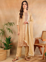 Beige Chanderi Striped Woven Design Straight Kurta Trouser With Dupatta