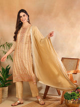 Beige Chanderi Striped Woven Design Straight Kurta Trouser With Dupatta