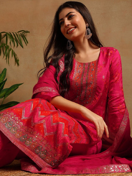 Pink Silk Ethnic Motifs Woven Design Straight Kurta Trousers With Dupatta