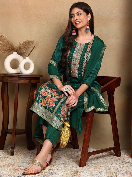 Green Silk Ethnic Motifs Woven Design Straight Kurta Trouser With Dupatta