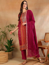 Purple Silk Ethnic Motifs Woven Design Straight Kurta Trouser With Dupatta