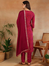 Purple Silk Ethnic Motifs Woven Design Straight Kurta Trouser With Dupatta