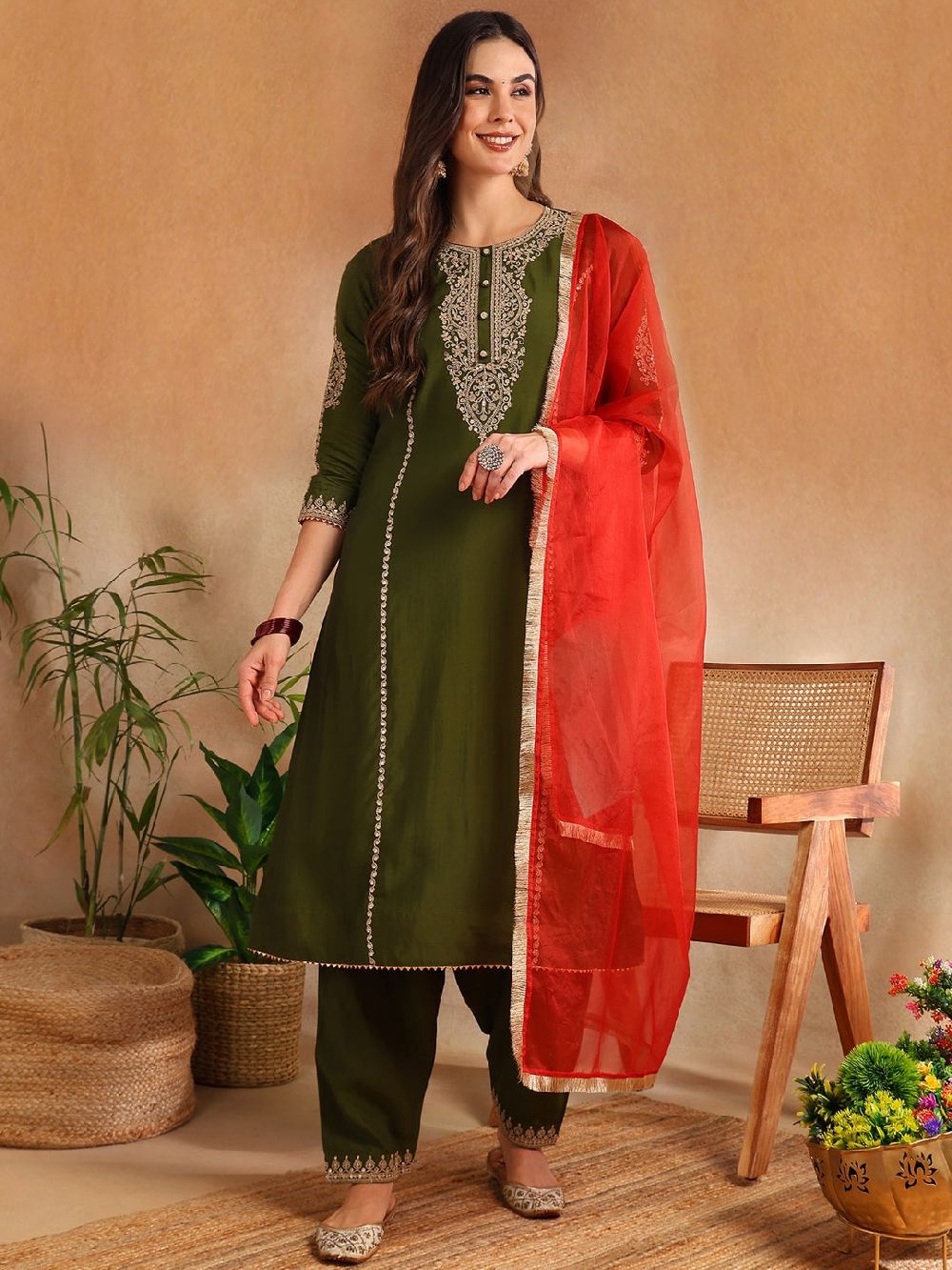 Olive Silk Blend Solid Embroidered A-Line Kurta Salwar With Dupatta