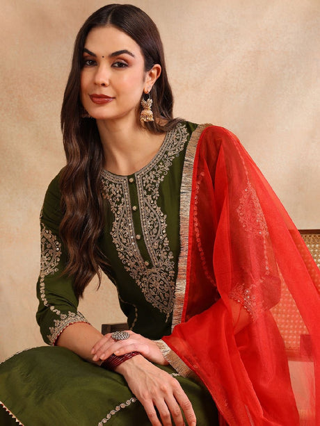 Olive Silk Blend Solid Embroidered A-Line Kurta Salwar With Dupatta