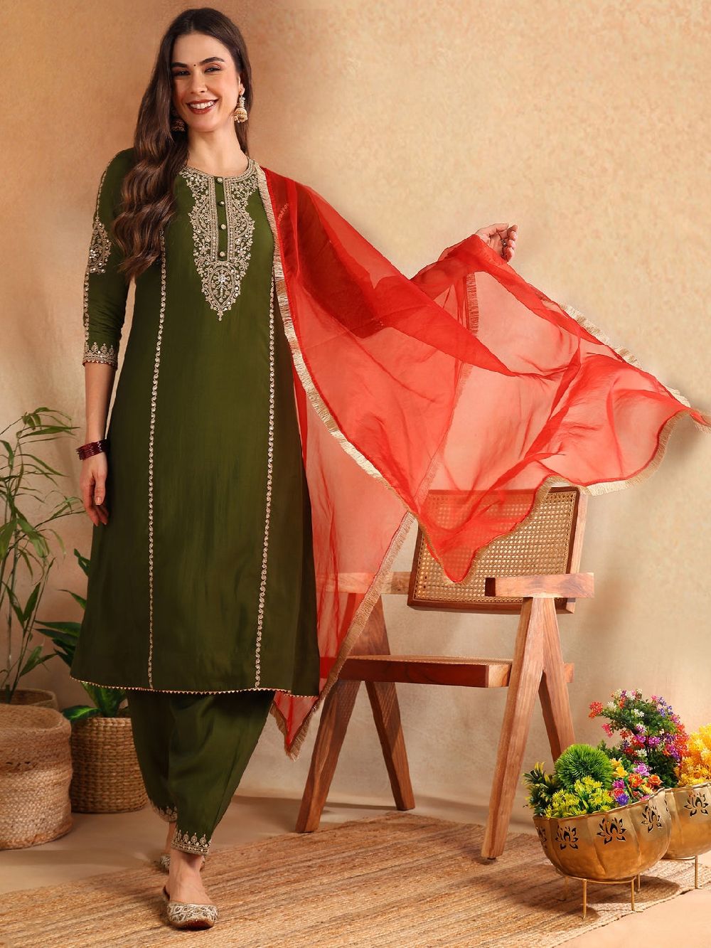 Olive Silk Blend Solid Embroidered A-Line Kurta Salwar With Dupatta