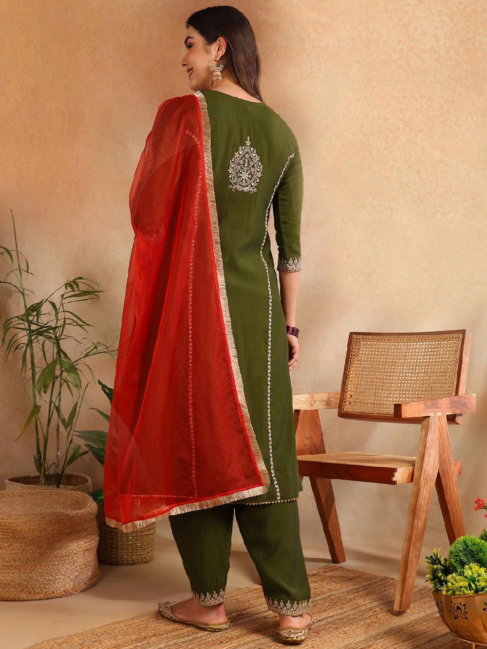 Olive Silk Blend Solid Embroidered A-Line Kurta Salwar With Dupatta