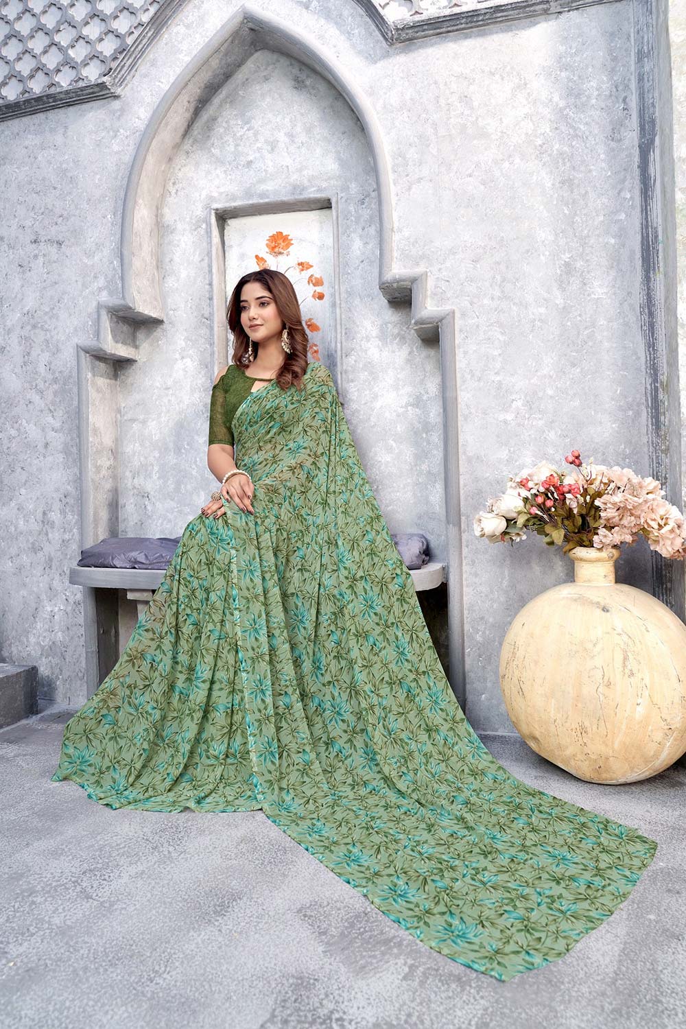 Green Georgette printed Saree