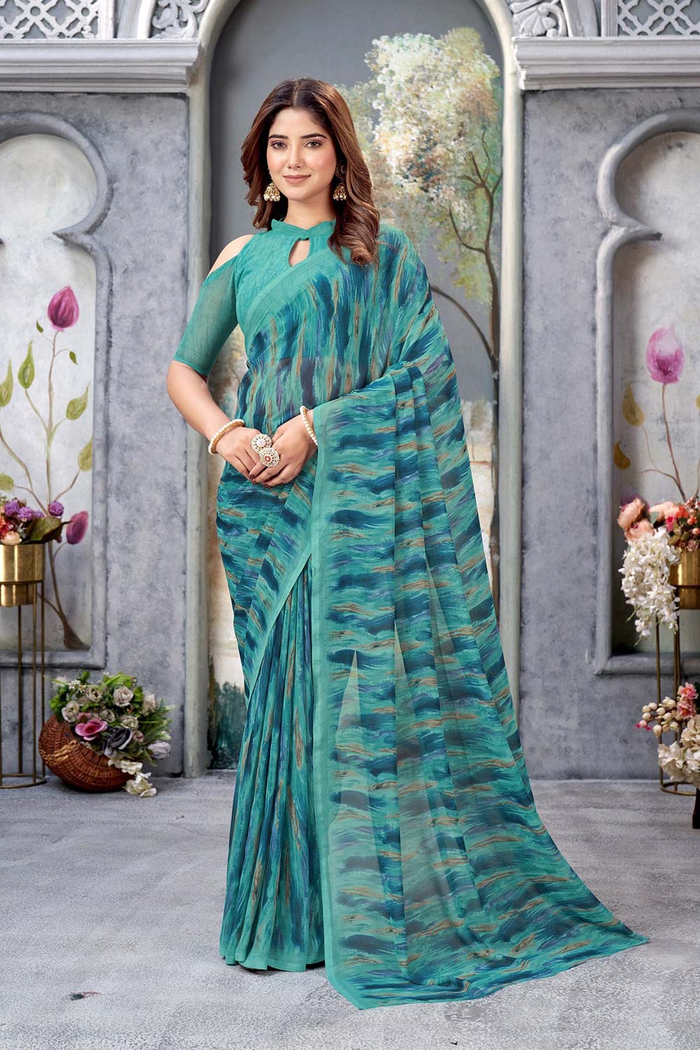 Blue Georgette printed Saree