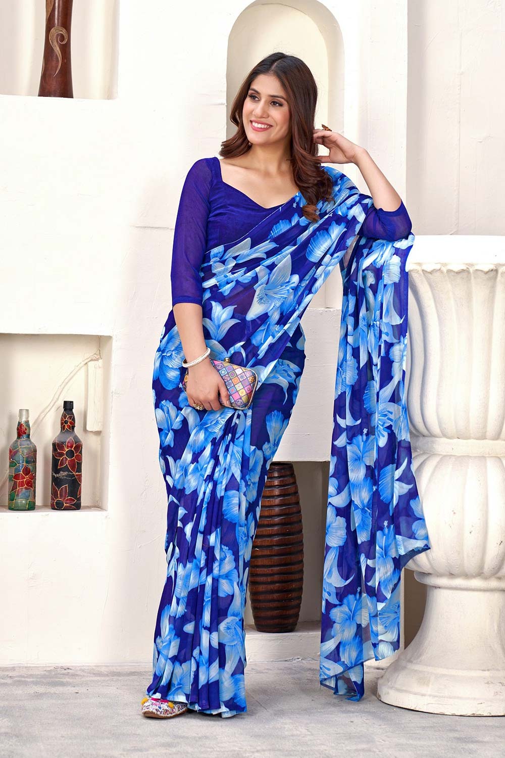 Blue Georgette printed Saree