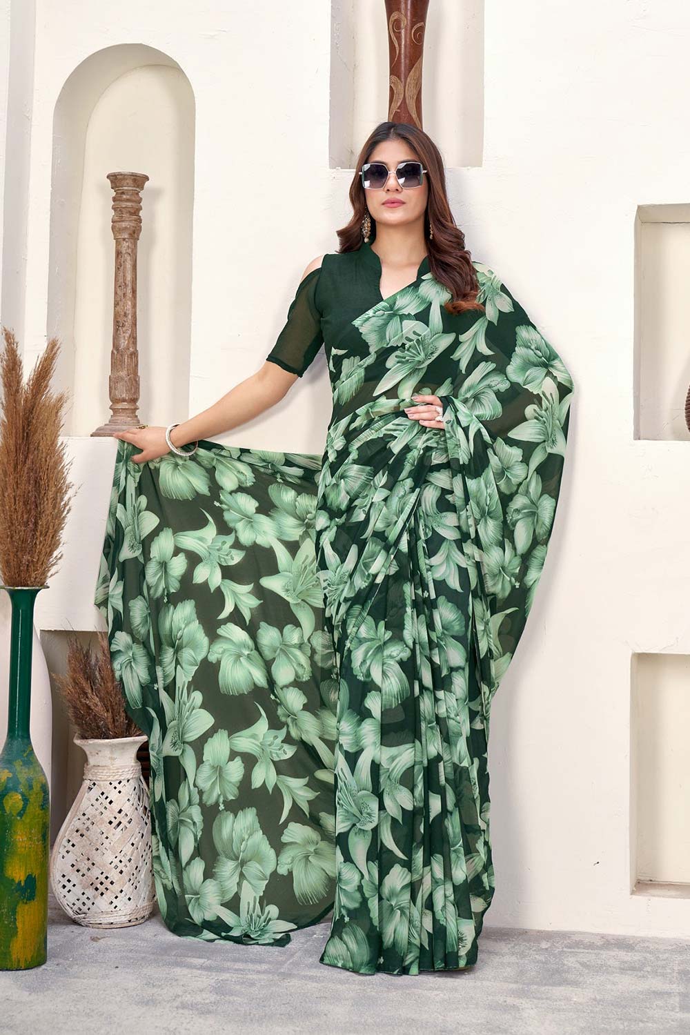 Green Georgette printed Saree