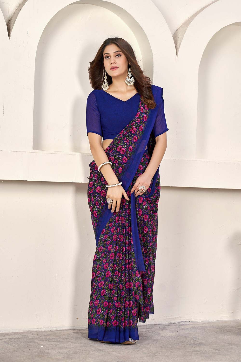 Blue Georgette printed Saree