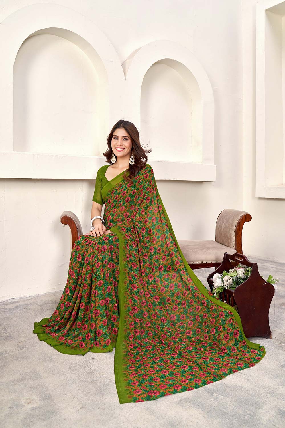 Green Georgette printed Saree