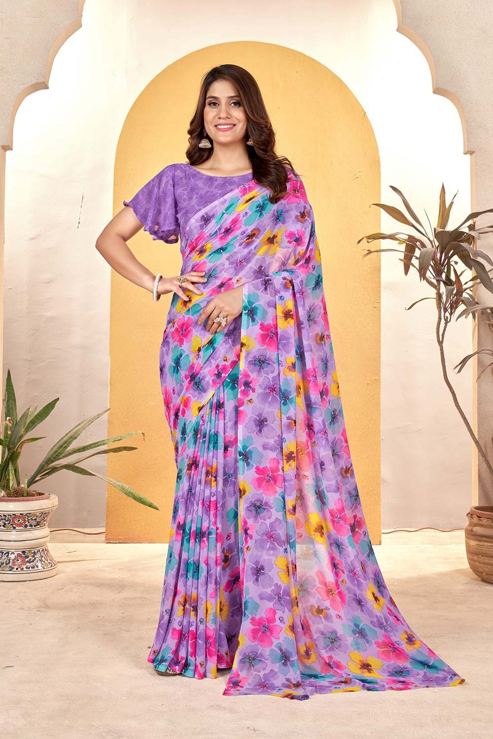 Purple Georgette printed Saree